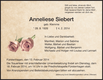 Traueranzeige von Anneliese Siebert von HNA