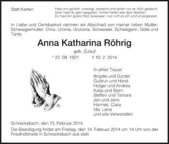 Traueranzeige von Anna Katharina Röhrig von HNA