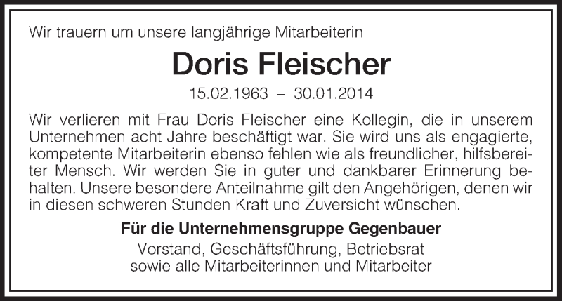  Traueranzeige für Doris Fleischer vom 15.02.2014 aus HNA