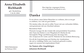 Traueranzeige von Anna Elisabeth Richhardt von HNA