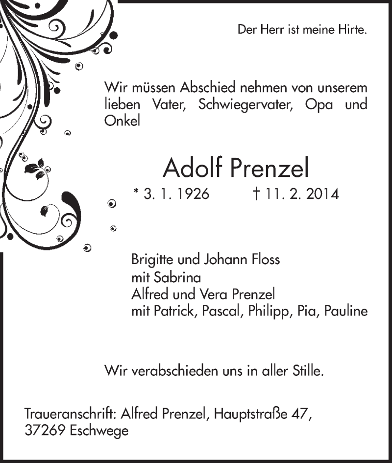  Traueranzeige für Adolf Prenzel vom 15.02.2014 aus HNA