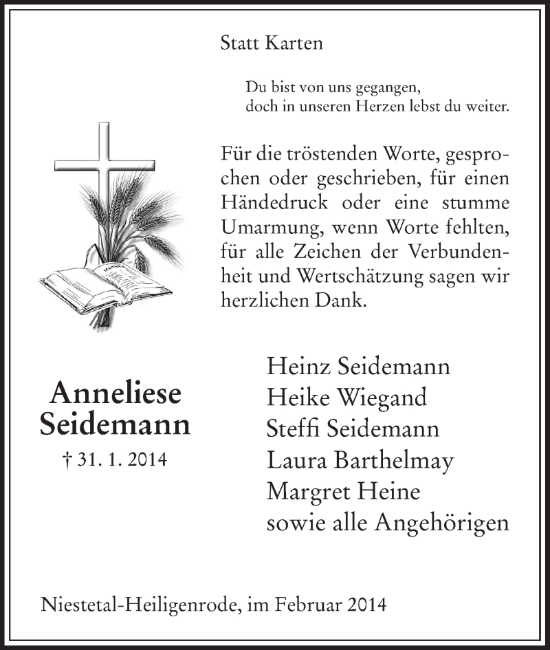  Traueranzeige für Anneliese Seidemann vom 15.02.2014 aus HNA