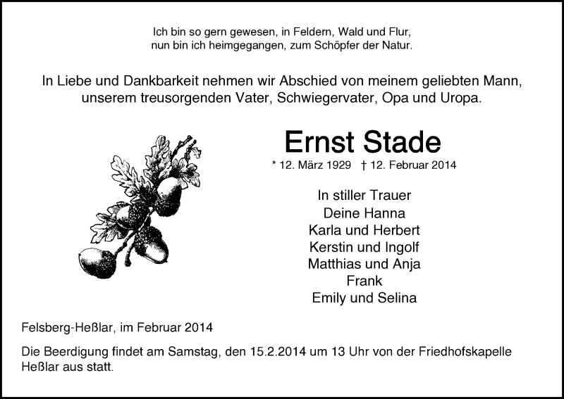  Traueranzeige für Ernst Stade vom 14.02.2014 aus HNA
