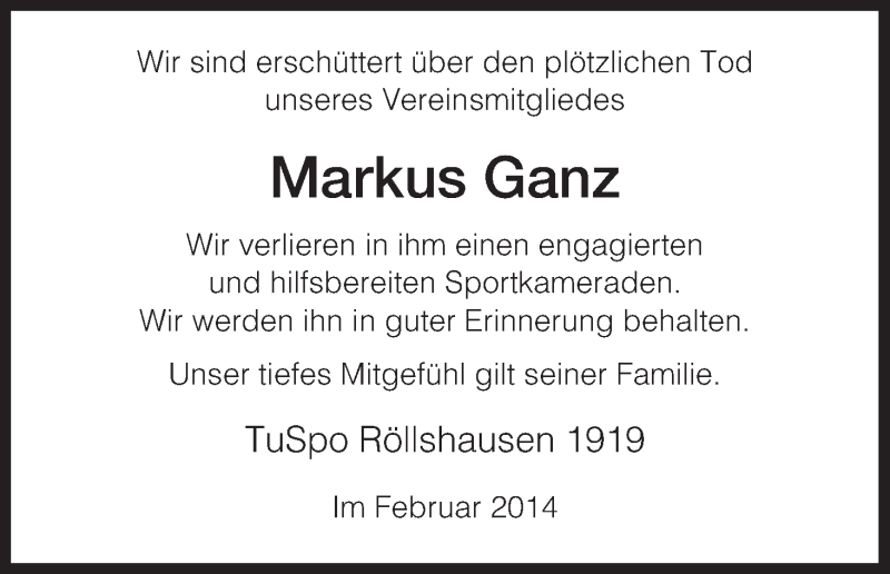  Traueranzeige für Markus Ganz vom 15.02.2014 aus HNA