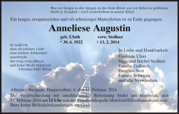 Traueranzeige von Anneliese Augustin von HNA