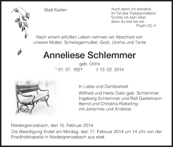 Traueranzeige von Anneliese Schlemmer von HNA