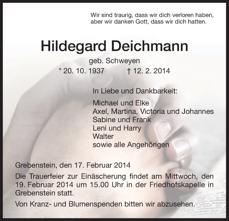  Traueranzeige für Hildegard Deichmann vom 15.02.2014 aus HNA