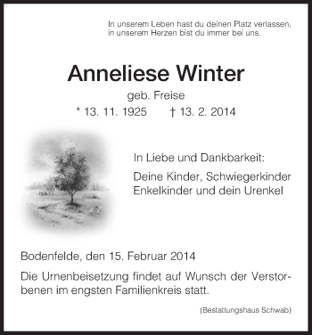 Traueranzeige von Annelies Winter von HNA