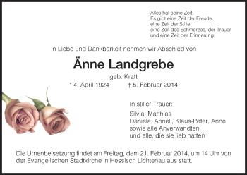 Traueranzeige von Änne Landgrebe von HNA