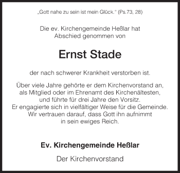 Traueranzeige von Ernst Stade von HNA