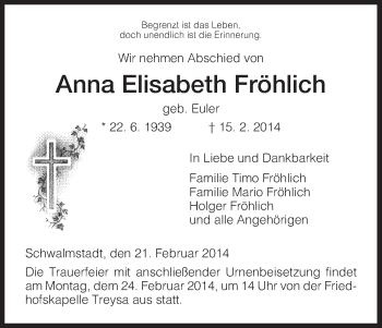 Traueranzeige von Anna Elisabeth Fröhlich von HNA