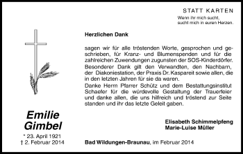 Traueranzeige von Emilie Gimbel von HNA