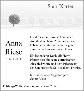 Traueranzeige von Anna Riese von HNA