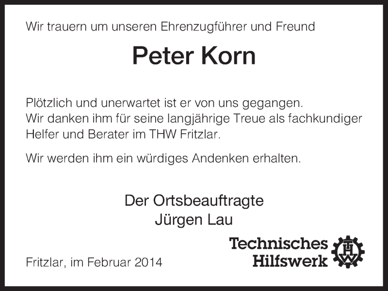  Traueranzeige für Peter Korn vom 20.02.2014 aus HNA
