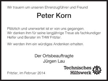 Traueranzeige von Peter Korn von HNA
