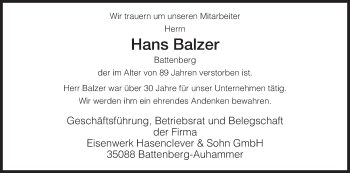 Traueranzeige von Hans Balzer von HNA