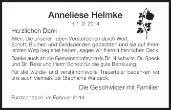 Traueranzeige von Anneliese Helmke von HNA