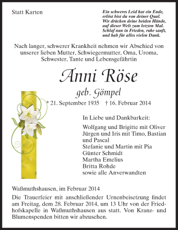 Traueranzeige von Anni Röse von HNA