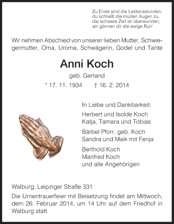 Traueranzeige von Anni Koch von HNA