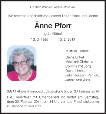 Traueranzeige von Änne Pforr von HNA