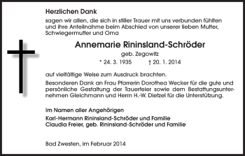 Traueranzeige von Annemarie Rininsland-Schröder von HNA