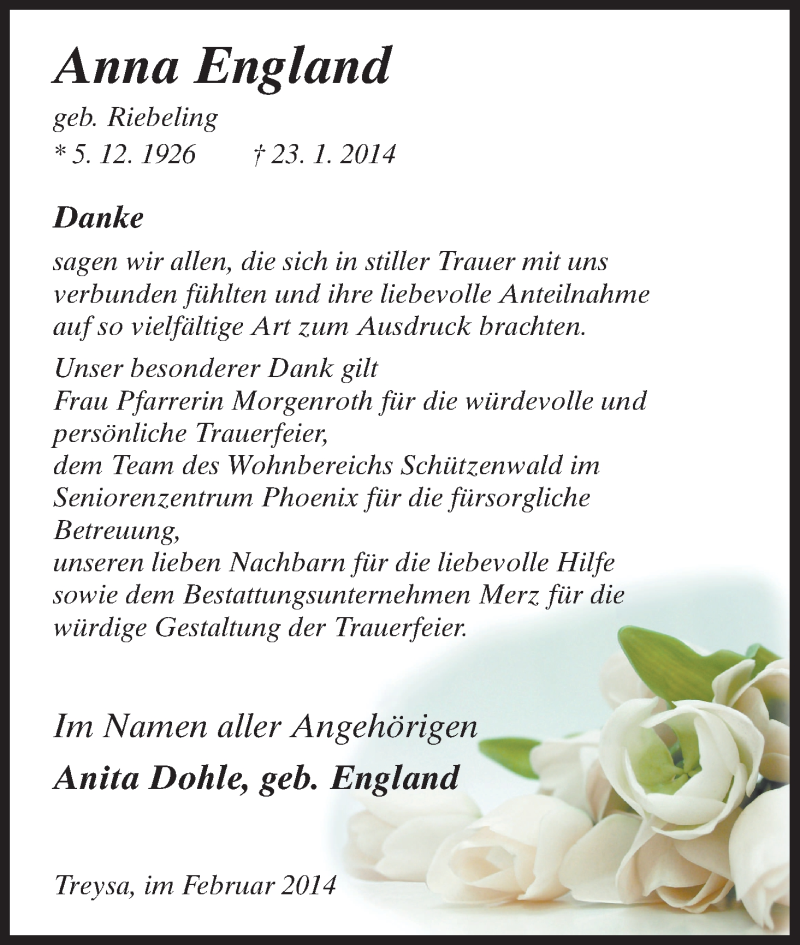  Traueranzeige für Anna England vom 22.02.2014 aus HNA