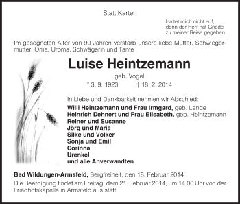 Traueranzeige von Luise Heintzemann von HNA