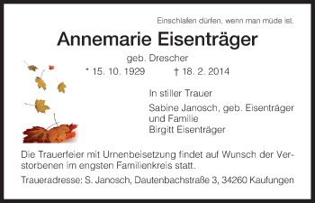 Traueranzeige von Annemarie Eisenträger von HNA