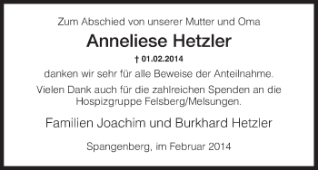 Traueranzeige von Anneliese Hetzler von HNA