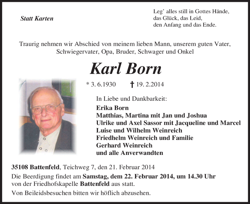  Traueranzeige für Karl Born vom 21.02.2014 aus HNA