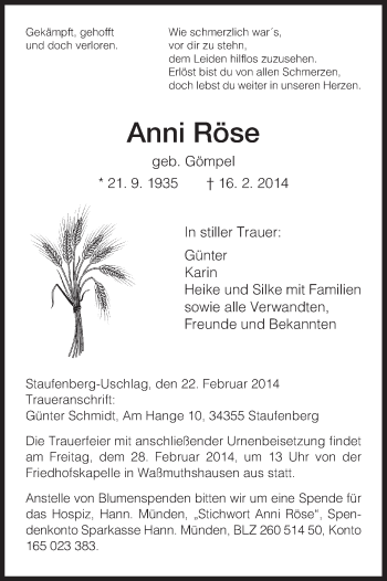 Traueranzeige von Anni Röse von HNA