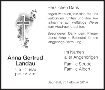 Traueranzeige von Anna Gertrud Landau von HNA