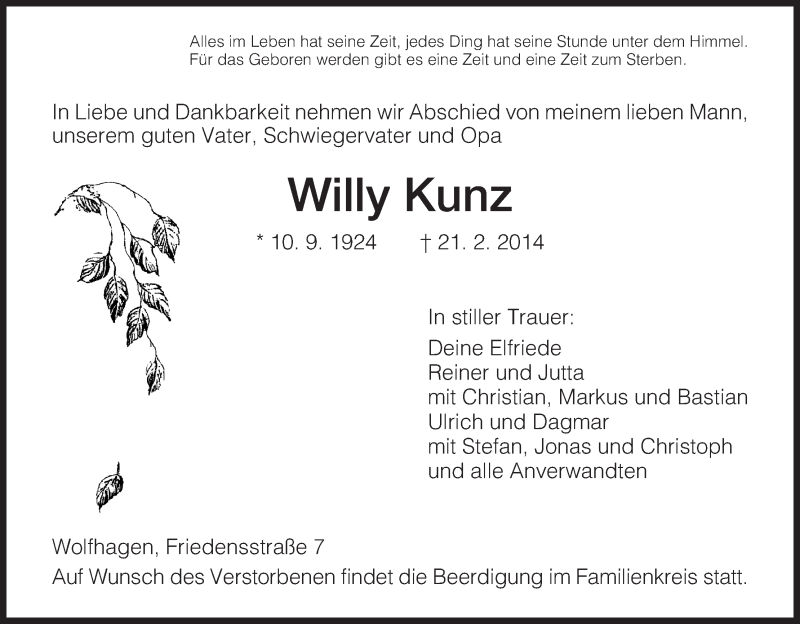 Traueranzeigen Von Willy Kunz Trauer Hna De