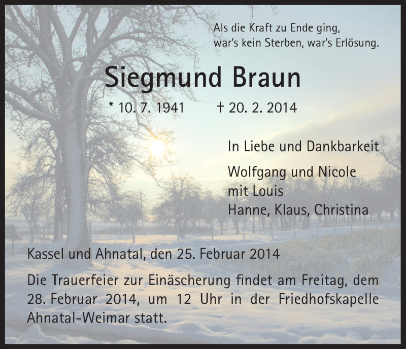  Traueranzeige für Siegmund Braun vom 25.02.2014 aus HNA