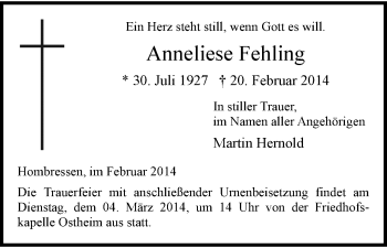 Traueranzeige von Anneliese Fehling von HNA