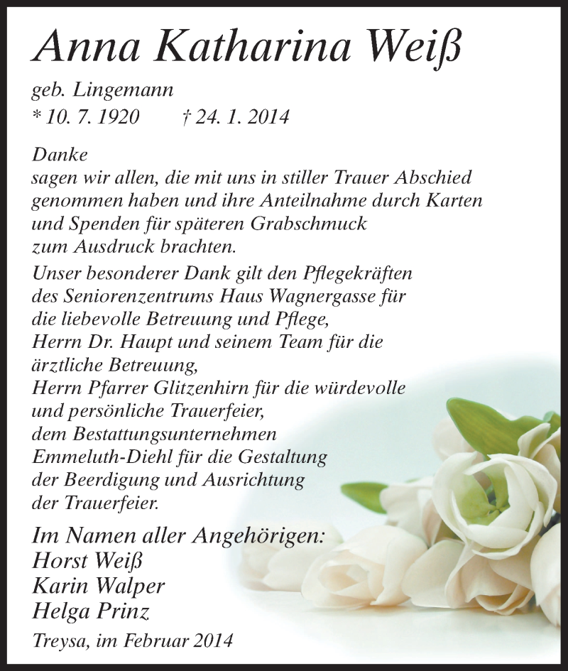  Traueranzeige für Anna Katharina Weiß vom 01.03.2014 aus HNA