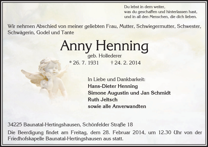  Traueranzeige für Anny Henning vom 26.02.2014 aus HNA