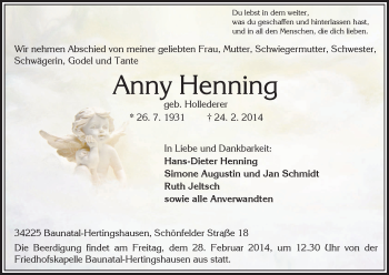 Traueranzeige von Anny Henning von HNA