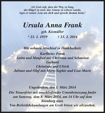 Traueranzeige von Ursula Anna Frank von HNA