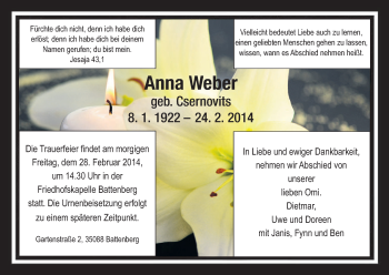 Traueranzeige von Anna Weber von HNA