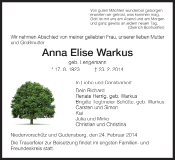Traueranzeige von Anna Elise Warkus von HNA
