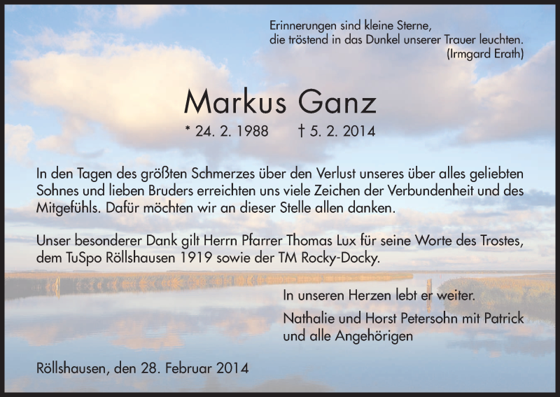  Traueranzeige für Markus Ganz vom 28.02.2014 aus HNA