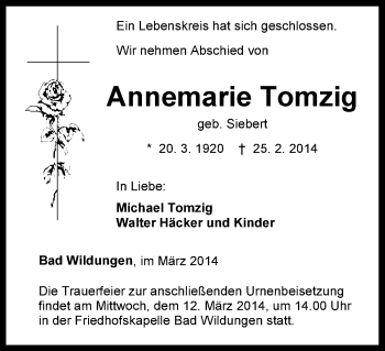 Traueranzeige von Annemarie Tomzig von HNA