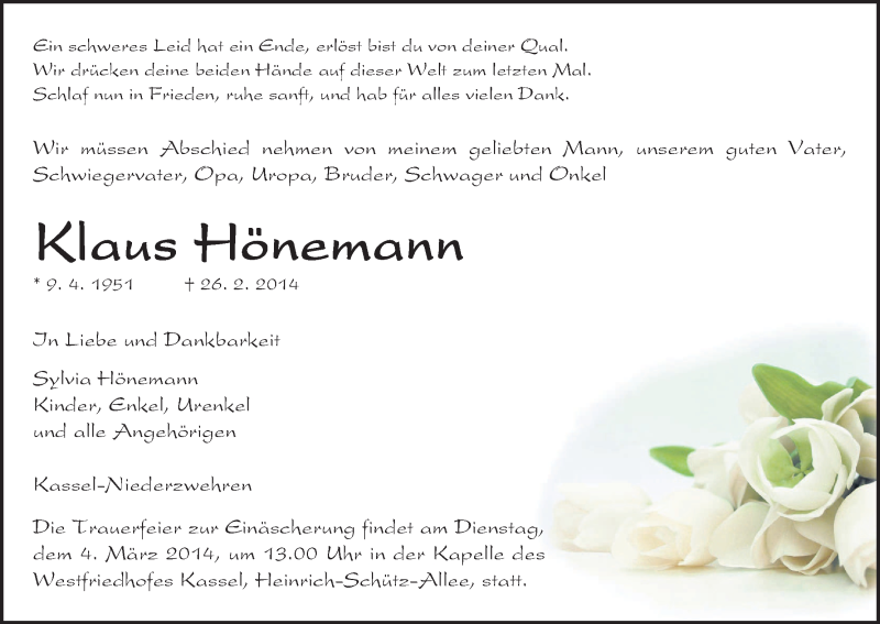  Traueranzeige für Klaus Hönemann vom 01.03.2014 aus HNA