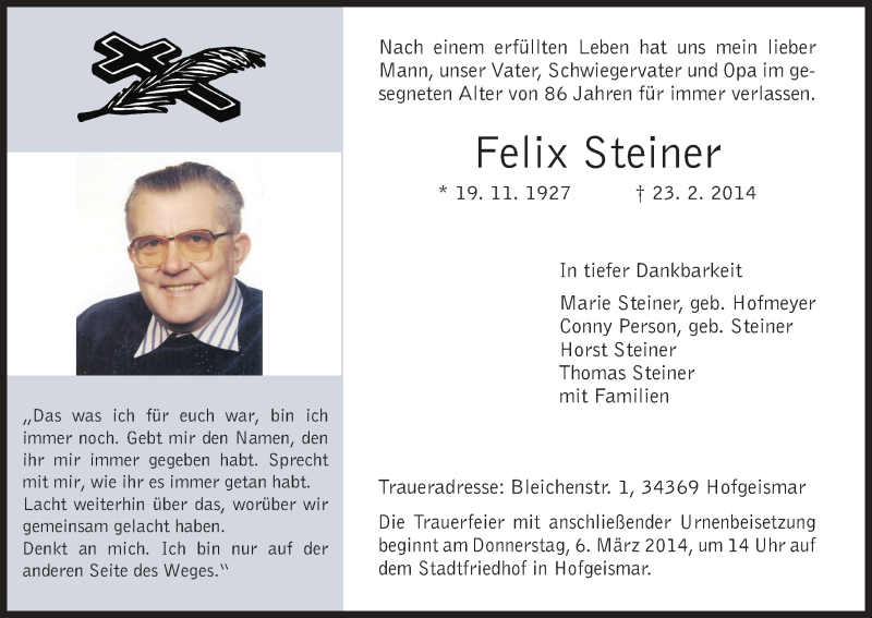  Traueranzeige für Felix Steiner vom 01.03.2014 aus HNA