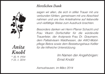 Traueranzeige von Anita Knobl von HNA