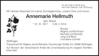 Traueranzeige von Annemarie Hellmuth von HNA