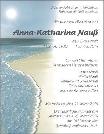 Traueranzeige von Anna-Katharina Itlauß von HNA