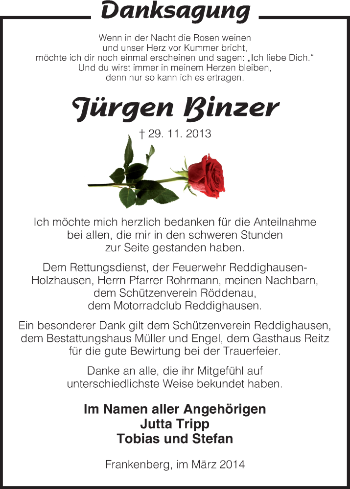  Traueranzeige für Jürgen Binzer vom 03.03.2014 aus HNA
