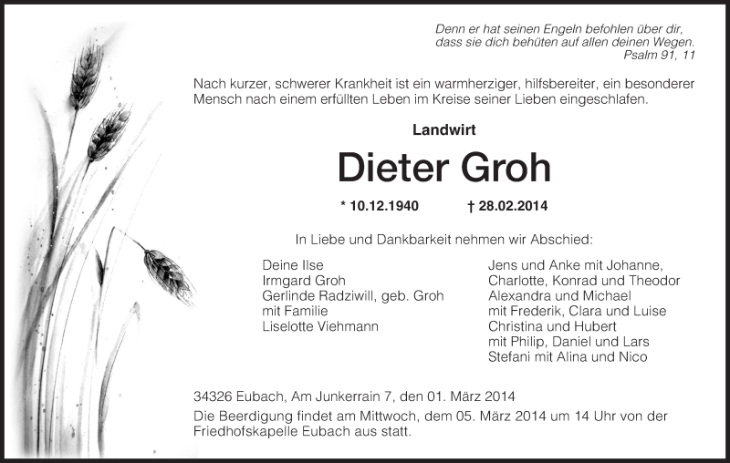  Traueranzeige für Dieter Groh vom 01.03.2014 aus HNA